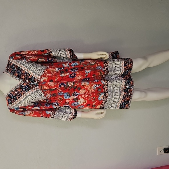 BTFBM Red Floral V-Neck Puff Sleeve Summer Dress - Picture 3 of 11